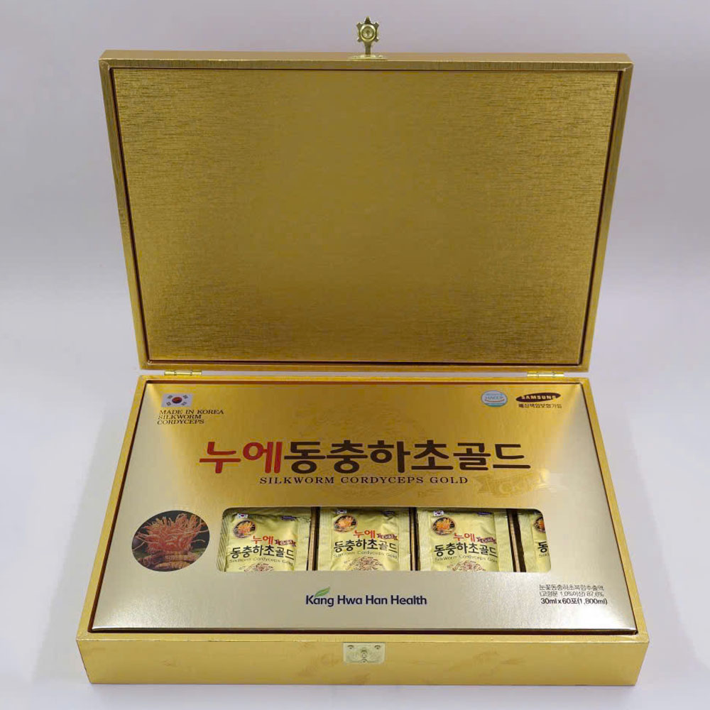 Mặt hộp sản phẩm nước đông trùng Kanghwa Hàn Quốc hộp gỗ Vàng 60 gói Mặt hộp sản phẩm nước đông trùng Kanghwa Hàn Quốc hộp gỗ Vàng 60 gói