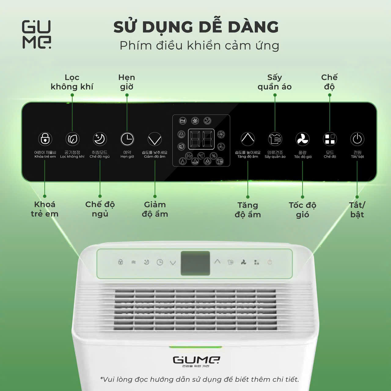 Bảng điều khiển dể sử dụng máy hút ẩm Gume GM-D2 Bảng điều khiển dể sử dụng máy hút ẩm Gume GM-D2